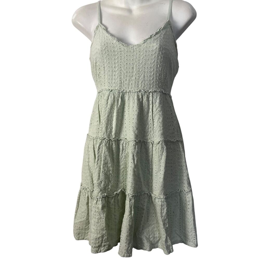 Sim & Sam Babydoll Pastel Green Eyelet Y2K Embroidered Cotton Dress Womens L
